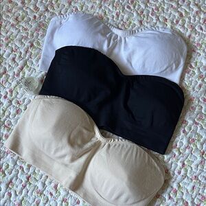 3-Pack Strapless Seamless Bandeau Bras - White, Black, Nude